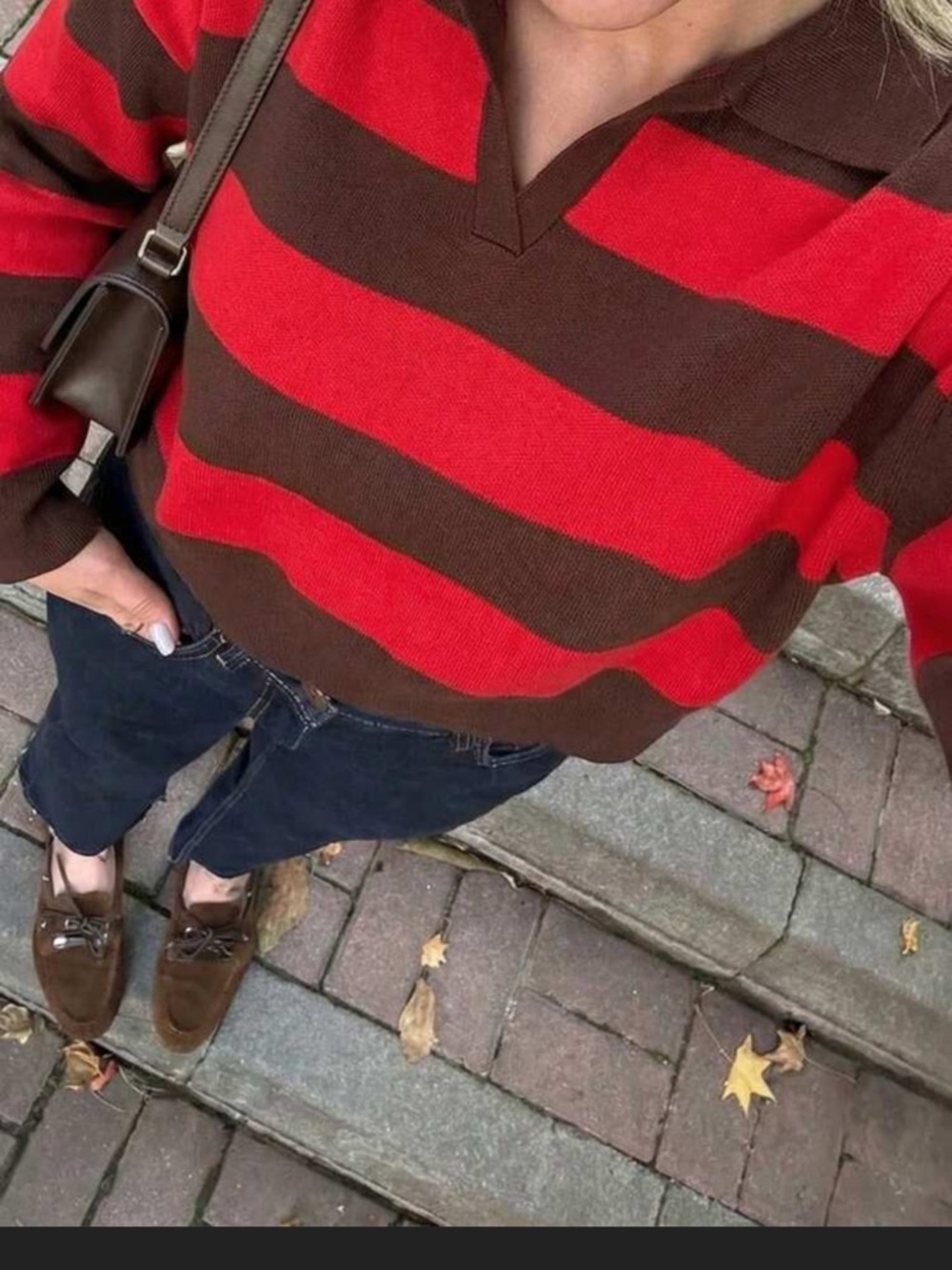 Zara Red and Brown Striped V‑Neck Pullover